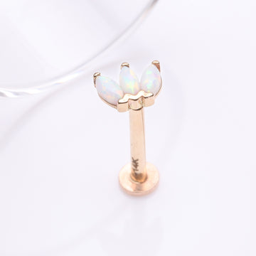 Detail View 1 of 14 Karat Gold OneFit Threadless Triple Marquise Fire Opal Flower Flat Back Stud Labret-White Opal